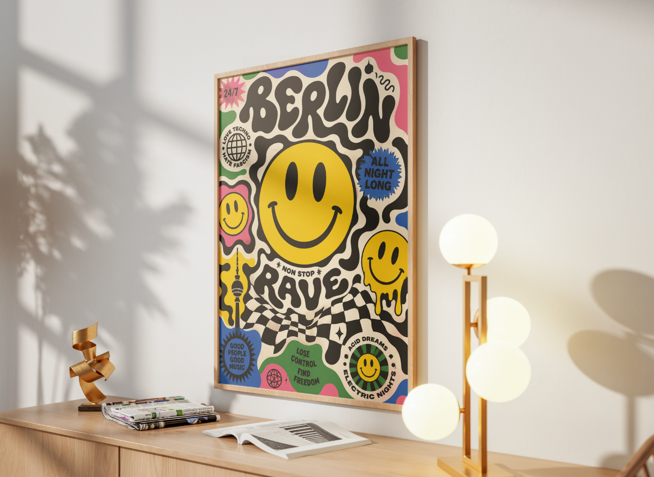 Berlin Rave Poster – Smiley Face Techno Wall Art | Acid House & Club Culture Print