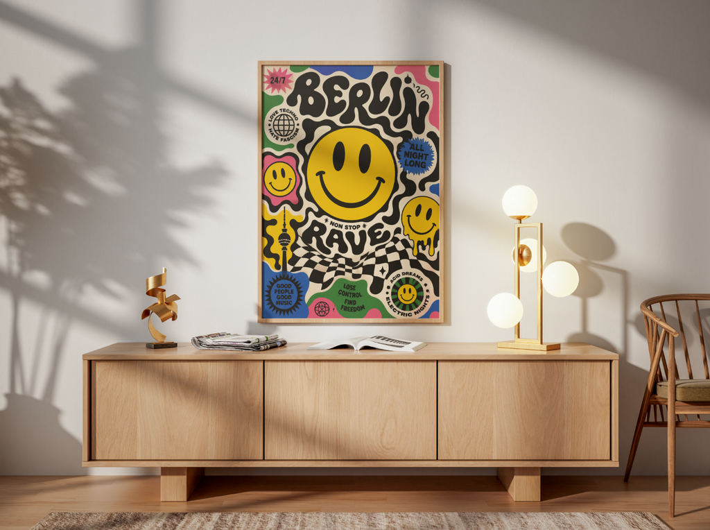 Berlin Rave Poster – Smiley Face Techno Wall Art | Acid House & Club Culture Print