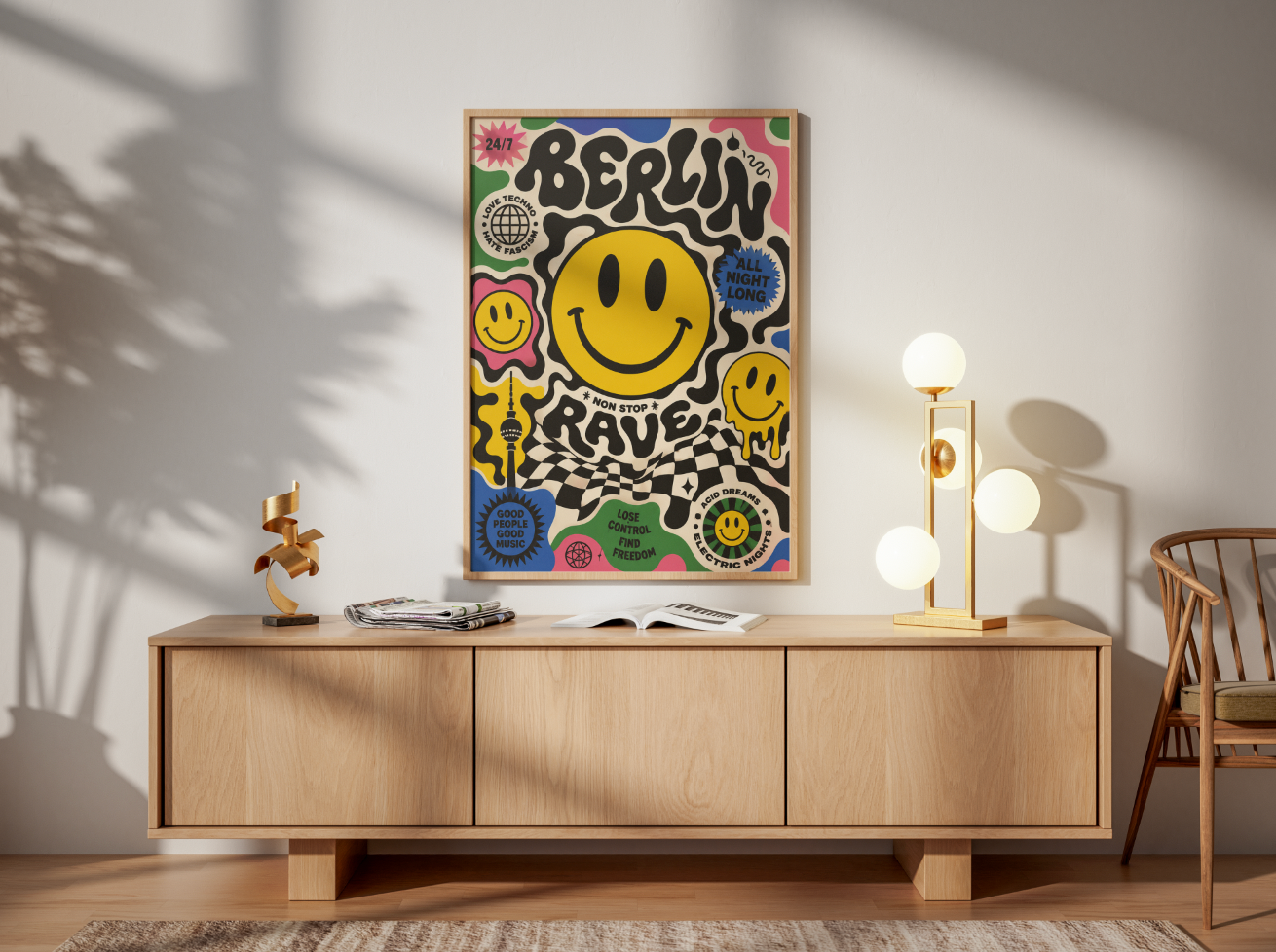 Berlin Rave Poster – Smiley Face Techno Wall Art | Acid House & Club Culture Print