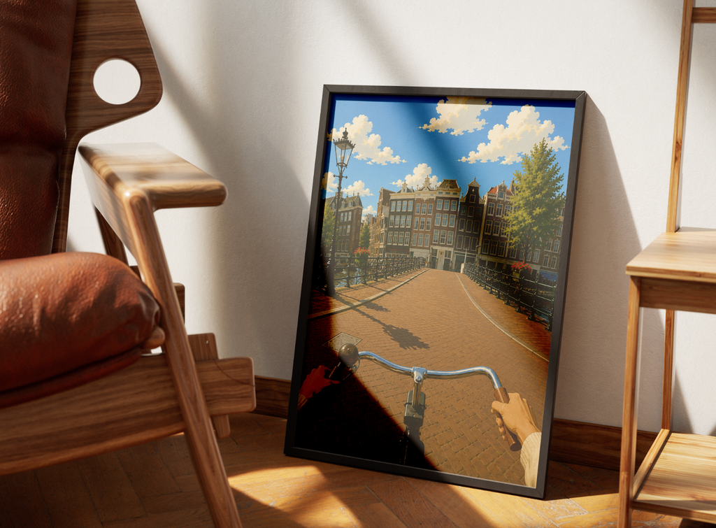 Cycling Through Amsterdam Poster – POV Canal Bridge Wall Art Print
