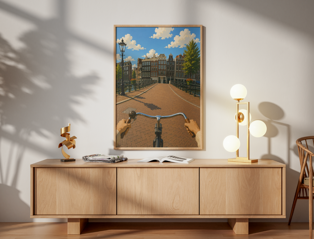 Cycling Through Amsterdam Poster – POV Canal Bridge Wall Art Print