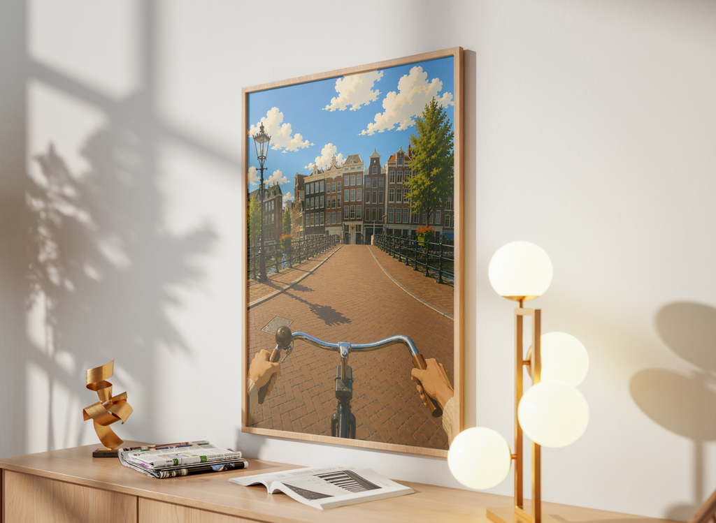 Cycling Through Amsterdam Poster – POV Canal Bridge Wall Art Print