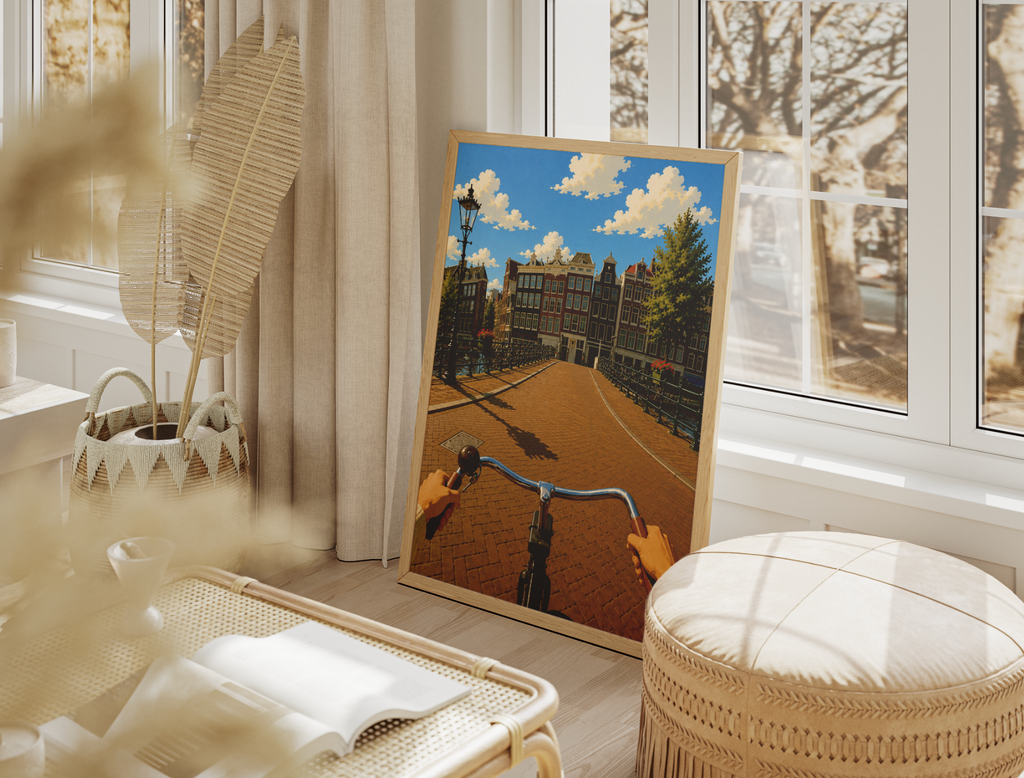 Cycling Through Amsterdam Poster – POV Canal Bridge Wall Art Print