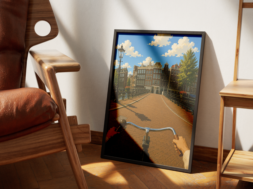 Cycling Through Amsterdam Poster – POV Canal Bridge Wall Art Print