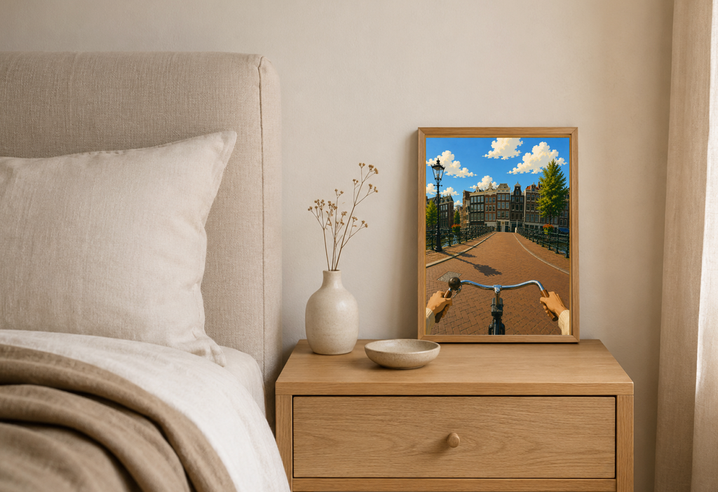Cycling Through Amsterdam Poster – POV Canal Bridge Wall Art Print