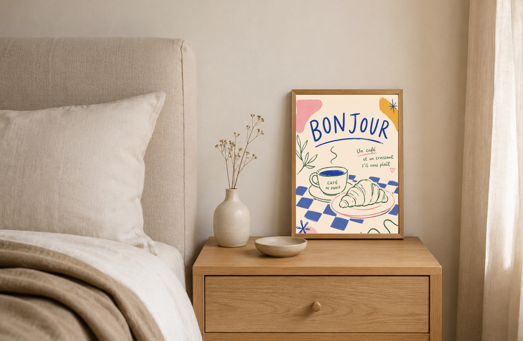 Bonjour Poster – French Coffee & Croissant Kitchen Wall Art