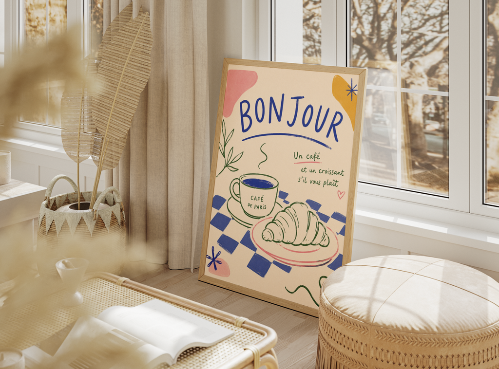 Bonjour Poster – French Coffee & Croissant Kitchen Wall Art
