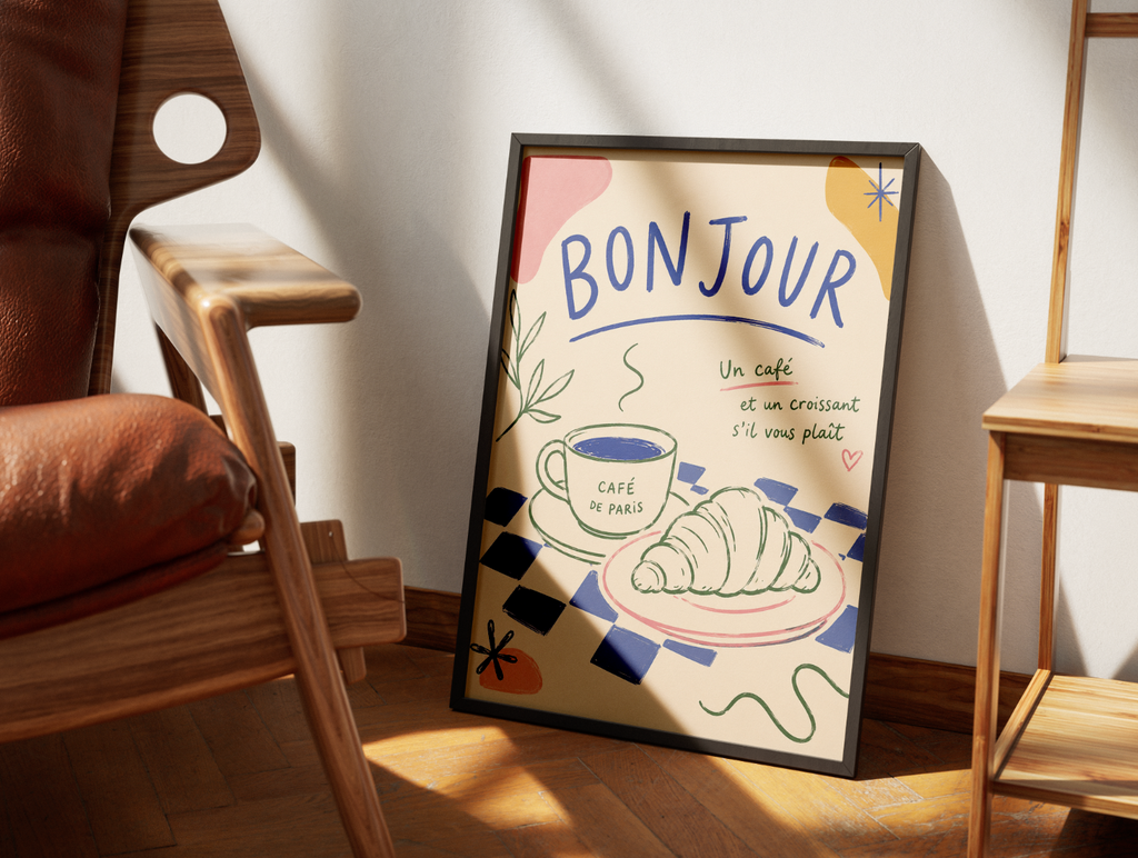 Bonjour Poster – French Coffee & Croissant Kitchen Wall Art