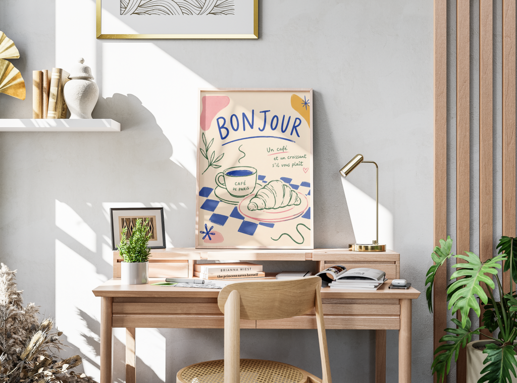 Bonjour Poster – French Coffee & Croissant Kitchen Wall Art