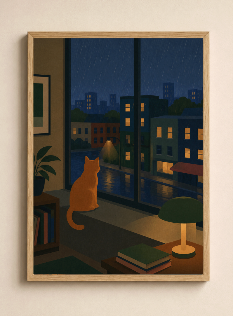 Rainy Night Watch — Cat Poster