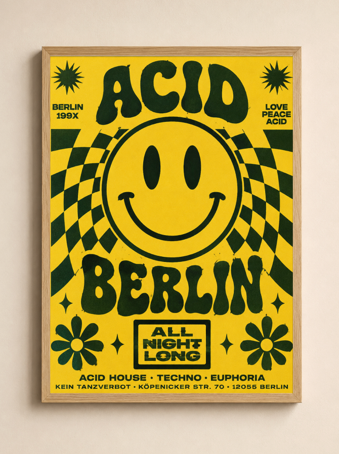 Berlin Psychedelic Poster | Retro Smiley Face Rave Wall Art Print
