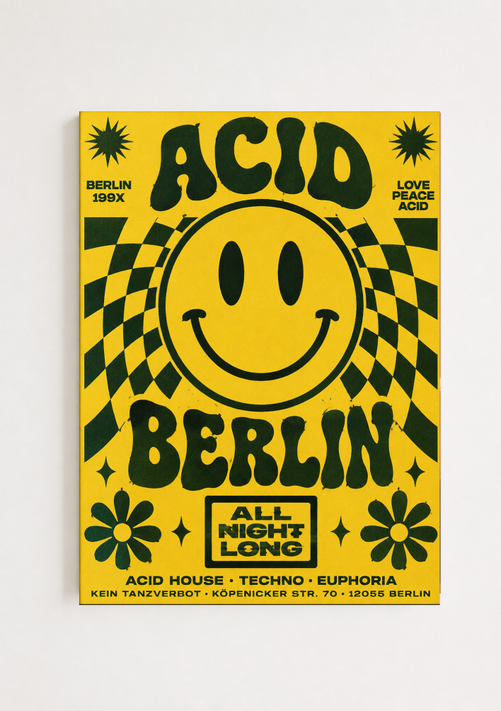 Berlin Psychedelic Poster | Retro Smiley Face Rave Wall Art Print