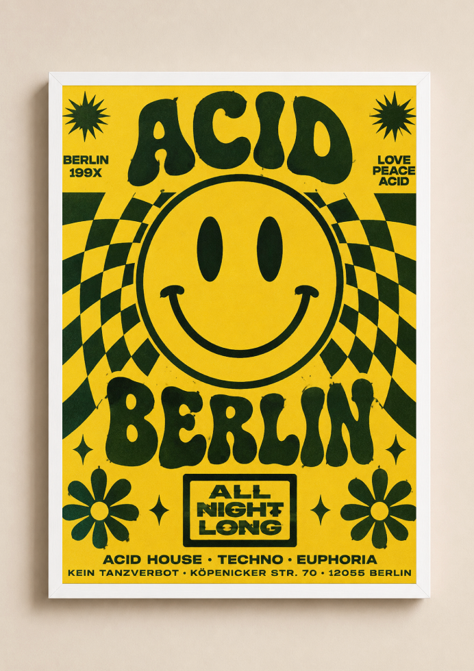 Berlin Psychedelic Poster | Retro Smiley Face Rave Wall Art Print