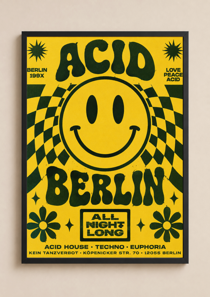 Berlin Psychedelic Poster | Retro Smiley Face Rave Wall Art Print