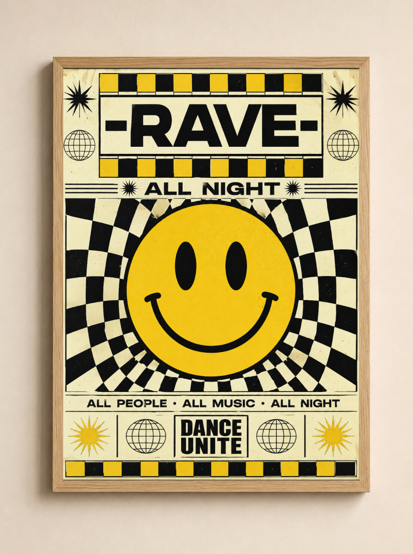Rave All Night Poster | Retro Smiley Face Techno Wall Art Print