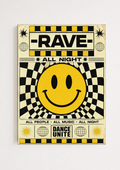 Rave All Night Poster | Retro Smiley Face Techno Wall Art Print