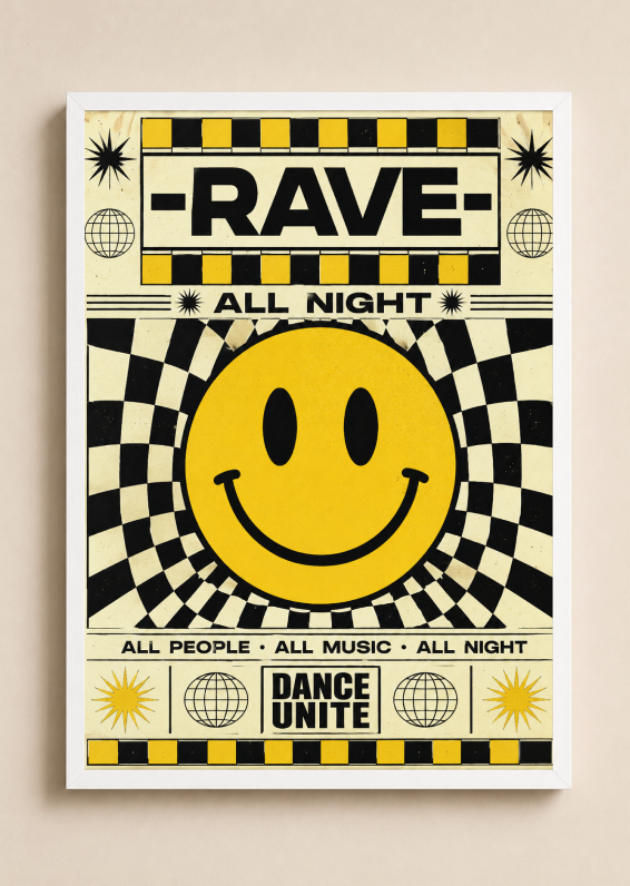 Rave All Night Poster | Retro Smiley Face Techno Wall Art Print