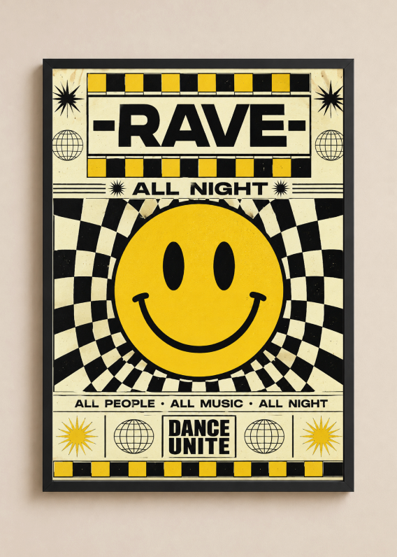 Rave All Night Poster | Retro Smiley Face Techno Wall Art Print