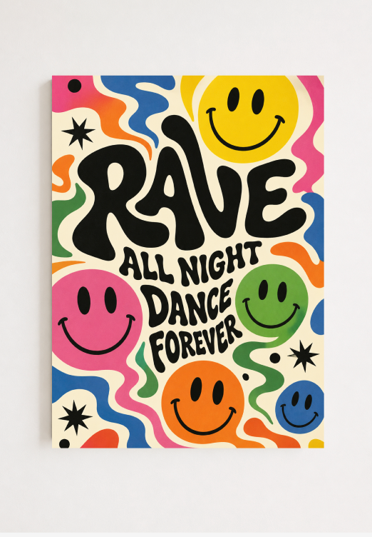 Rave All Night Dance Forever Poster | Colorful Smiley Face Wall Art Print