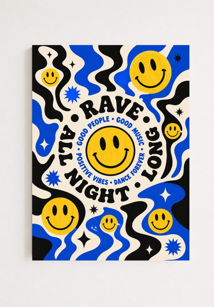 Rave All Night Long Poster | Smiley Face Psychedelic Wall Art Print