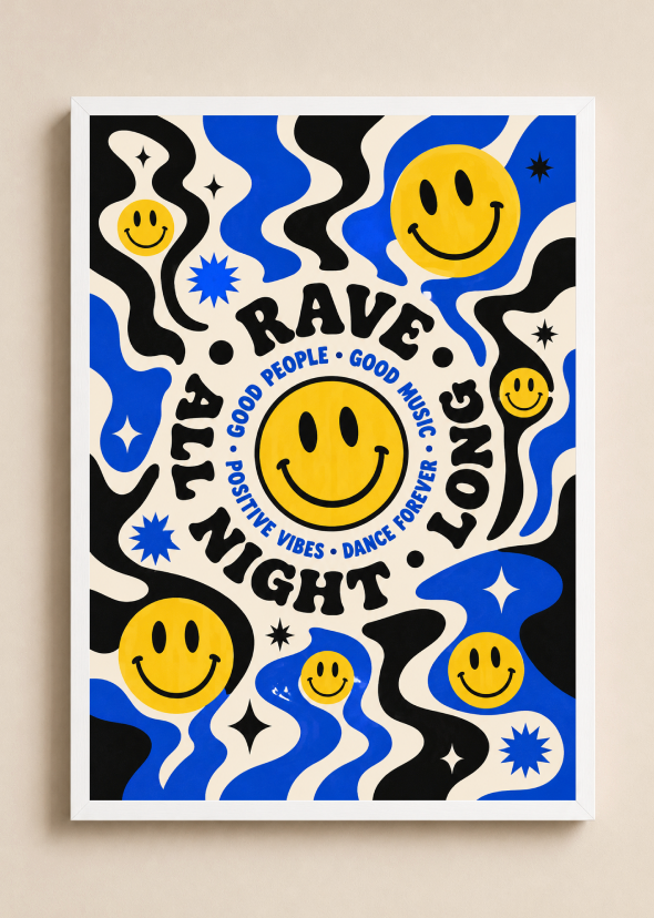Rave All Night Long Poster | Smiley Face Psychedelic Wall Art Print
