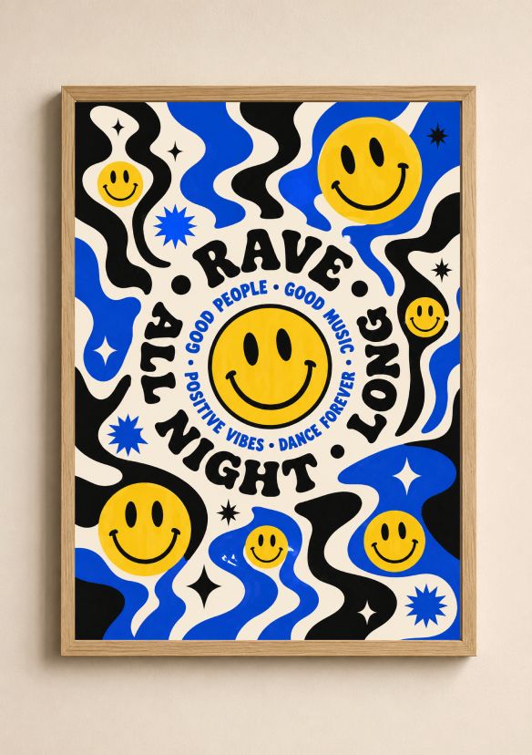 Rave All Night Long Poster | Smiley Face Psychedelic Wall Art Print