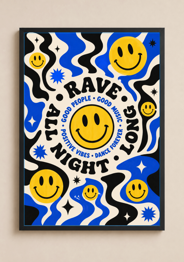 Rave All Night Long Poster | Smiley Face Psychedelic Wall Art Print