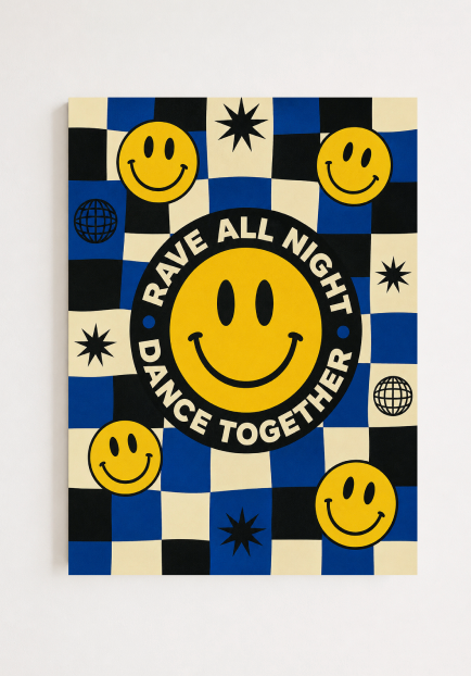 Rave All Night Dance Together Poster | Smiley Face Retro Wall Art Print