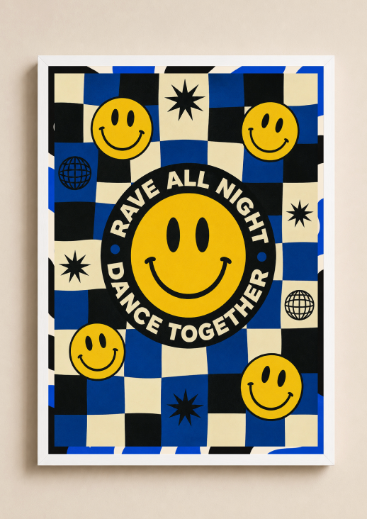Rave All Night Dance Together Poster | Smiley Face Retro Wall Art Print