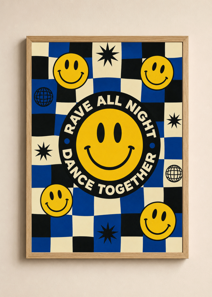 Rave All Night Dance Together Poster | Smiley Face Retro Wall Art Print