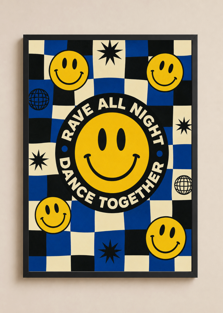 Rave All Night Dance Together Poster | Smiley Face Retro Wall Art Print