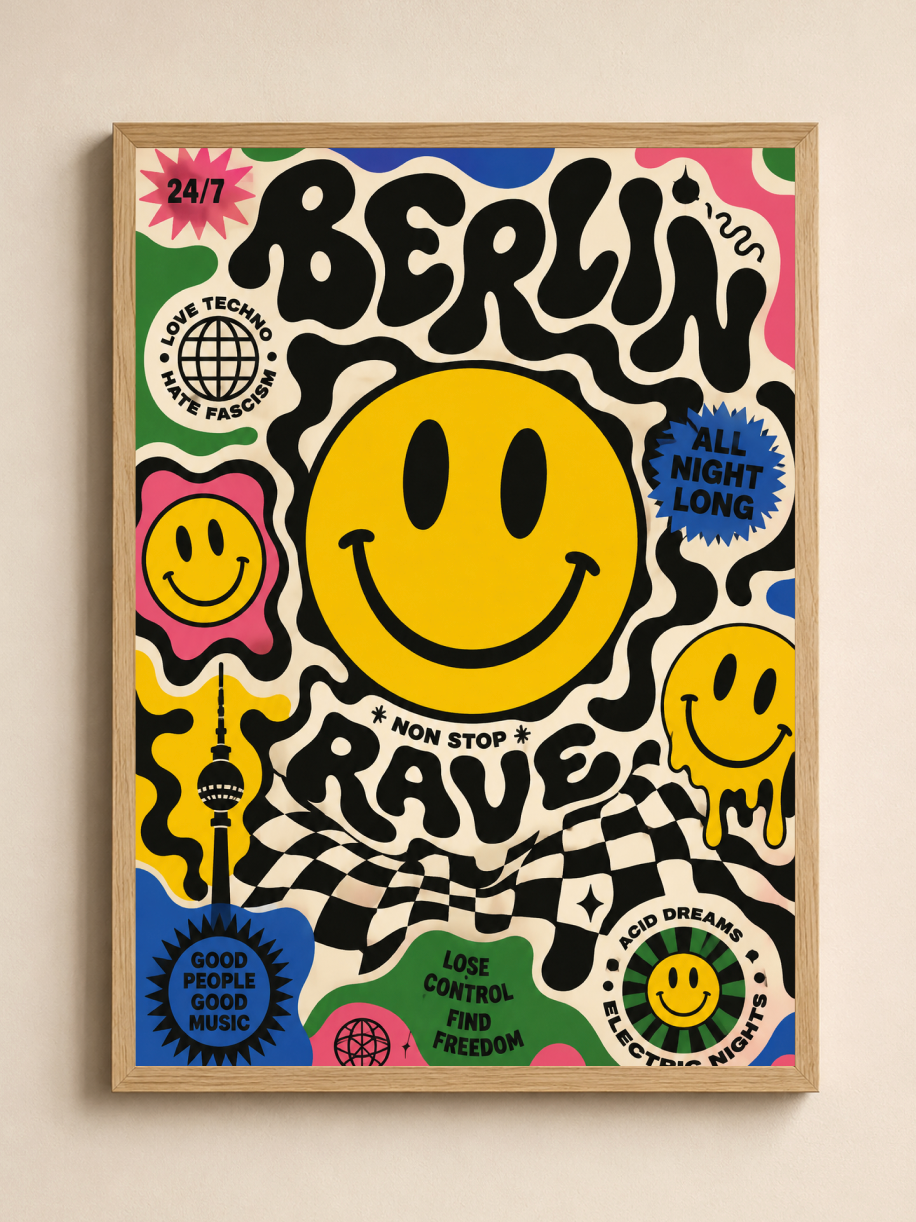 Berlin Rave Poster – Smiley Face Techno Wall Art | Acid House & Club Culture Print