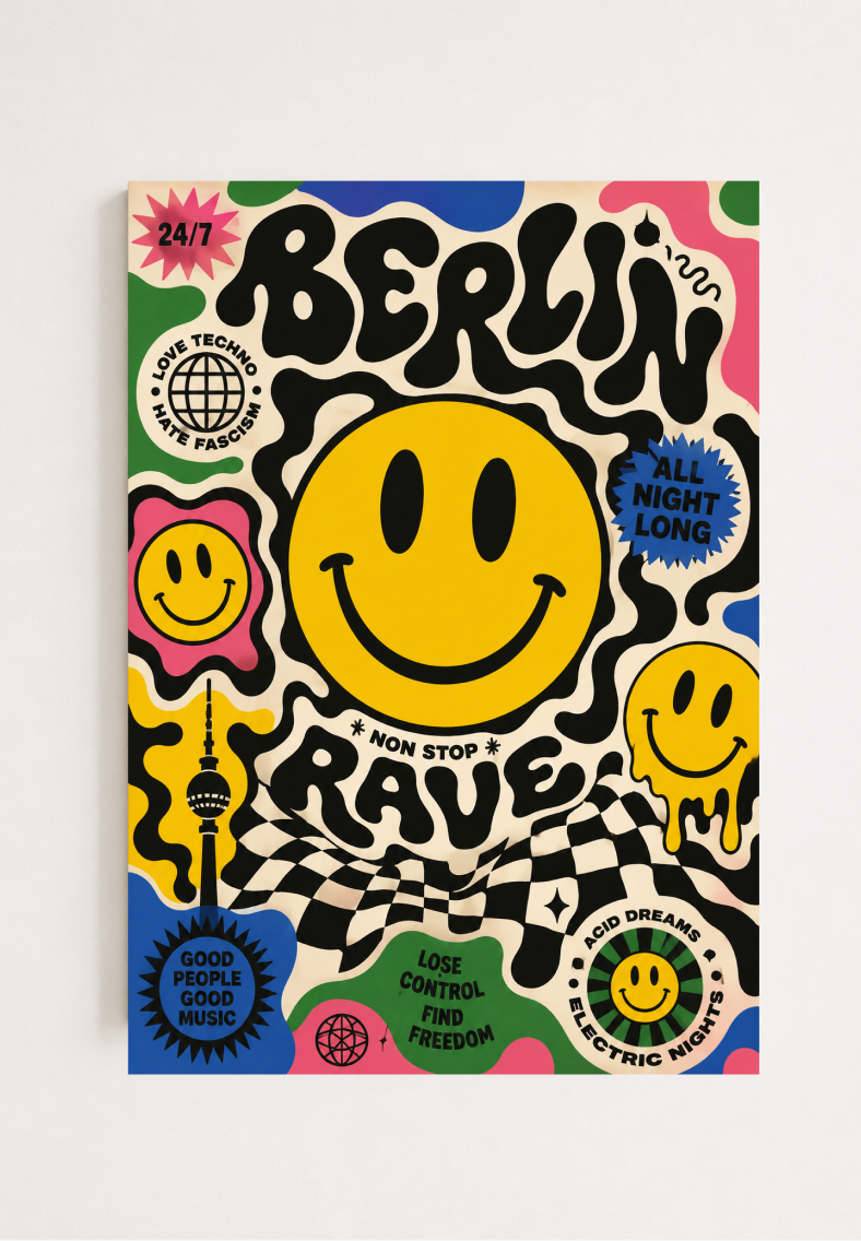 Berlin Rave Poster – Smiley Face Techno Wall Art | Acid House & Club Culture Print