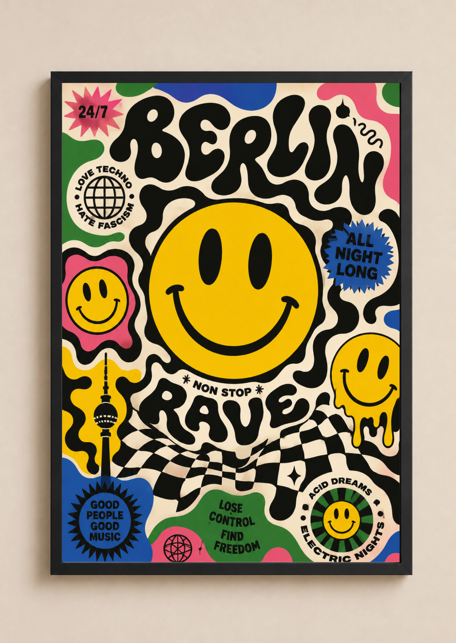 Berlin Rave Poster – Smiley Face Techno Wall Art | Acid House & Club Culture Print