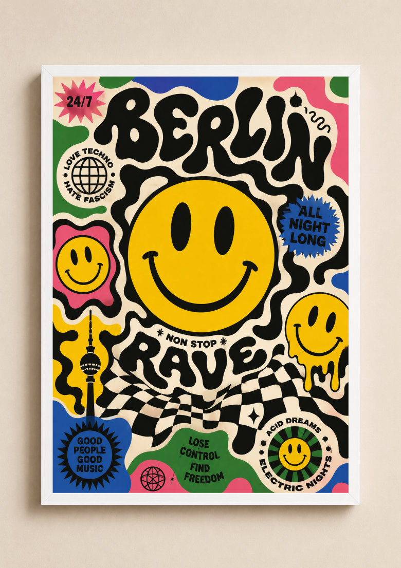 Berlin Rave Poster – Smiley Face Techno Wall Art | Acid House & Club Culture Print