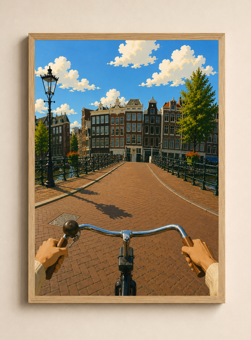 Cycling Through Amsterdam Poster – POV Canal Bridge Wall Art Print