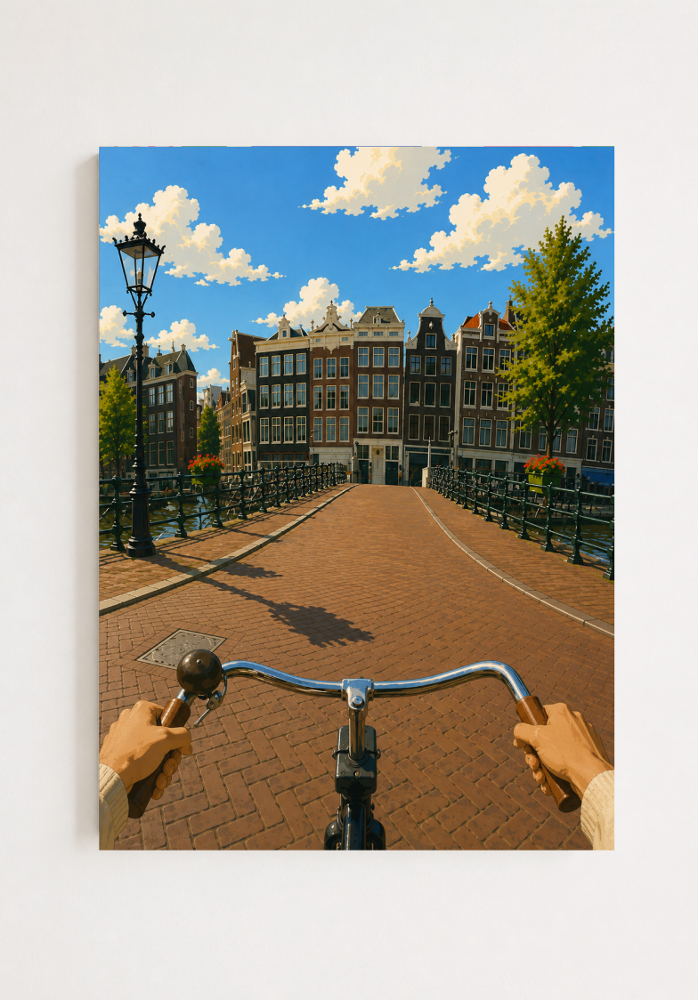 Cycling Through Amsterdam Poster – POV Canal Bridge Wall Art Print