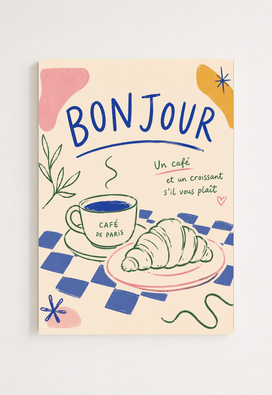 Bonjour Poster – French Coffee & Croissant Kitchen Wall Art