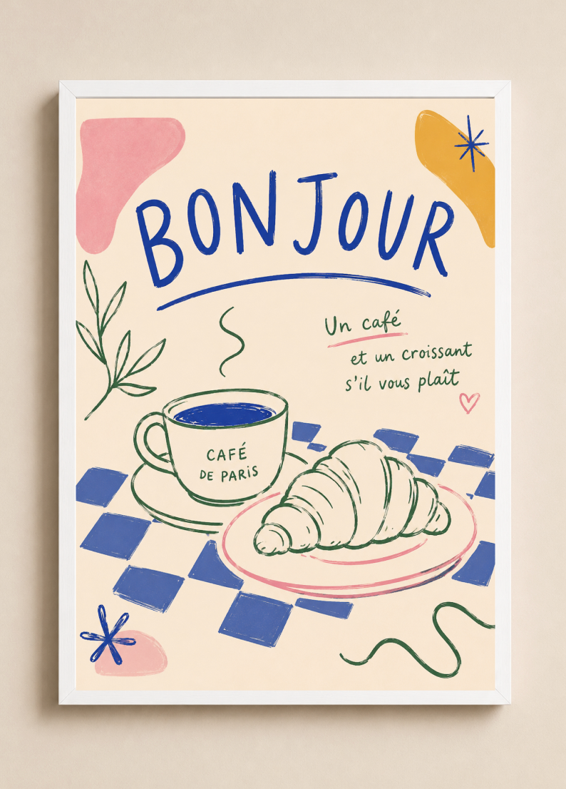 Bonjour Poster – French Coffee & Croissant Kitchen Wall Art
