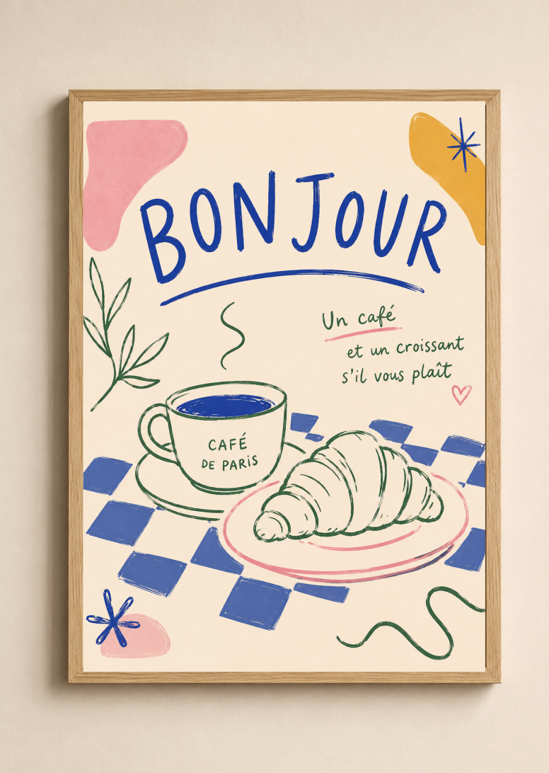 Bonjour Poster – French Coffee & Croissant Kitchen Wall Art