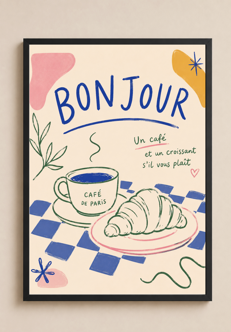 Bonjour Poster – French Coffee & Croissant Kitchen Wall Art