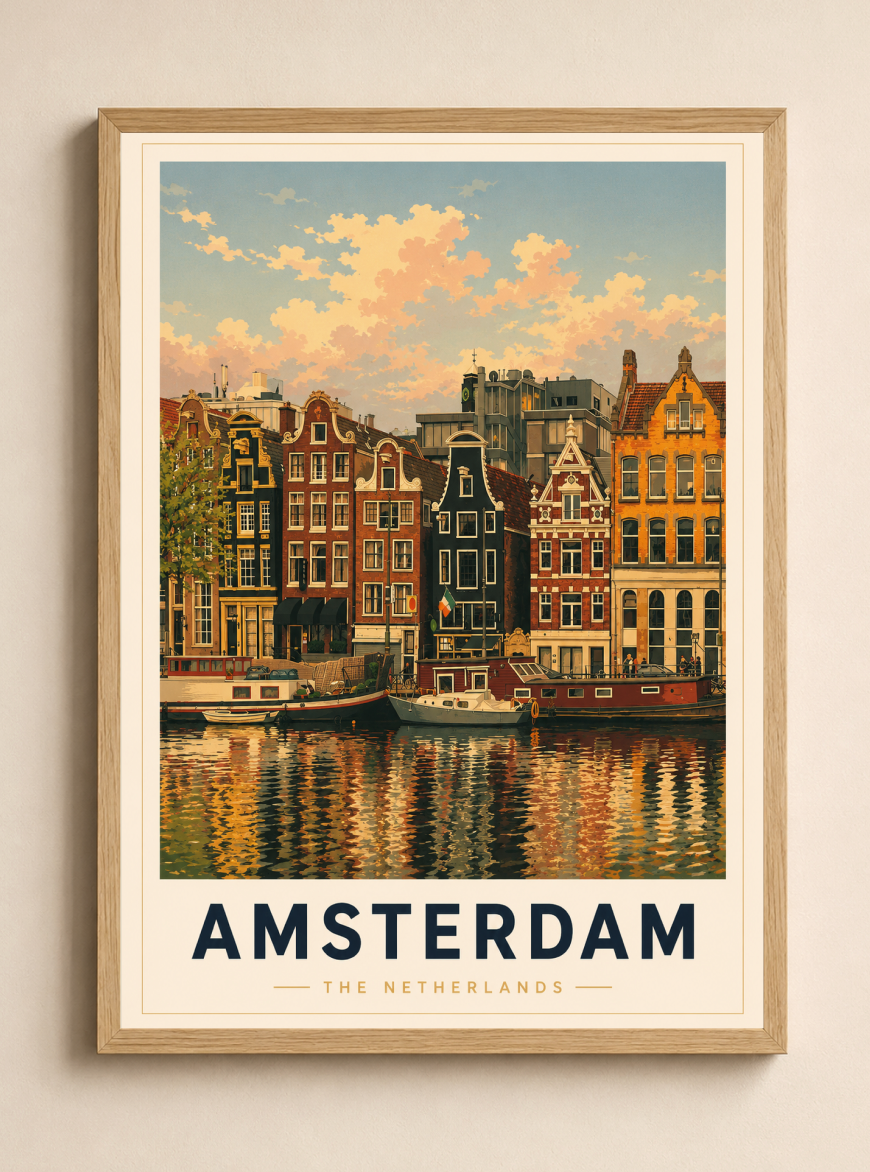 Amsterdam Poster – Vintage Canal Houses Travel Wall Art