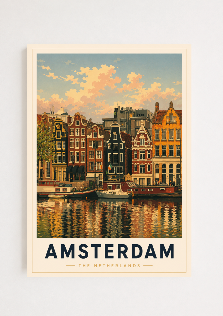 Amsterdam Poster – Vintage Canal Houses Travel Wall Art