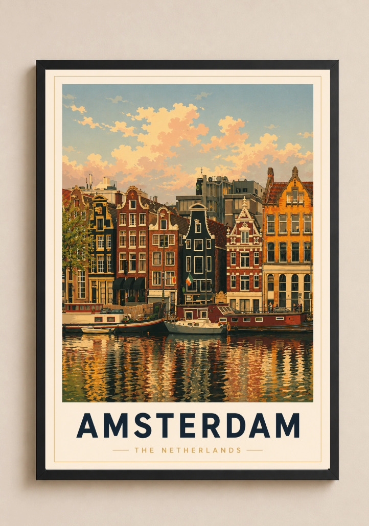 Amsterdam Poster – Vintage Canal Houses Travel Wall Art
