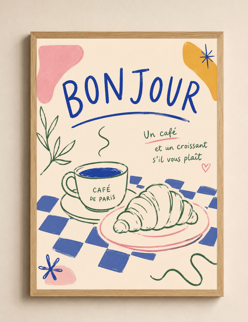 Bonjour Poster – French Coffee & Croissant Kitchen Wall Art